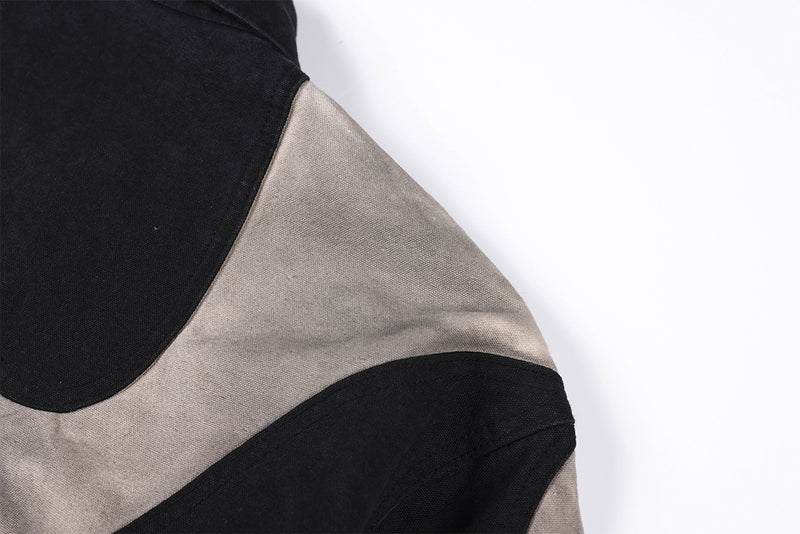 Abstrakte Patchwork-Reißverschlussjacke – Zweifarbig in Schwarz und gewaschenem Grau, verkürzte Harrington-Jacke