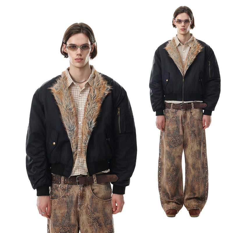 Faux Fur Collar Bomber Jacket with Quilted Lining