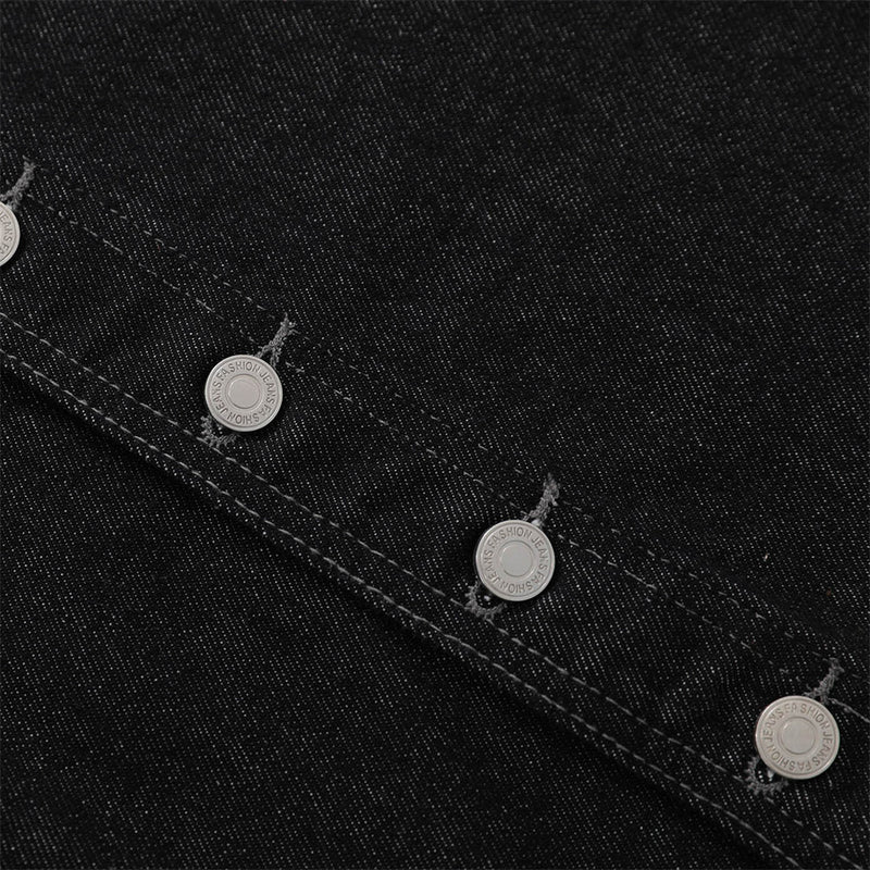 Black Denim Wide-Leg Shorts with Diagonal Button Placket
