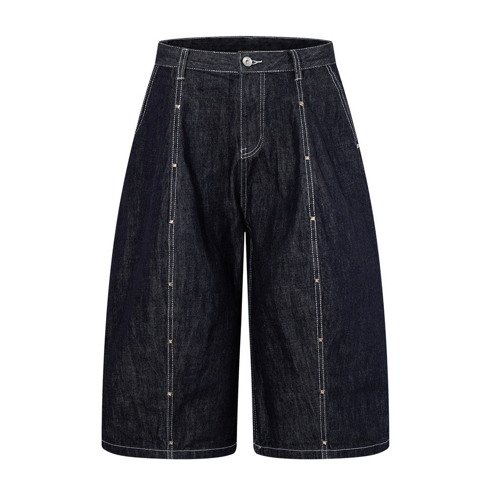 Wide-Leg Denim Cargo Shorts – Multi-Pocket Workwear Style