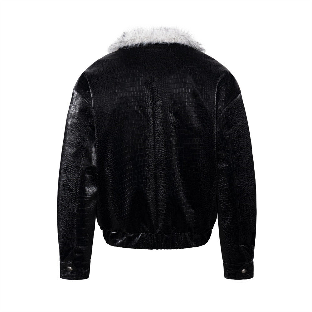 Chaqueta bomber de hombre con cuello de pelo – Cuero PU negro grabado efecto cocodrilo