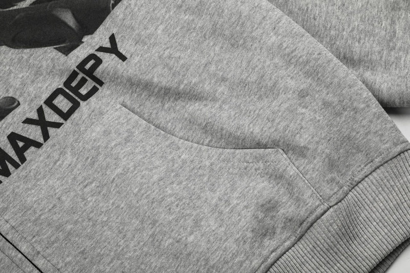 Hoodie zippé avec bordure de capuche en fausse fourrure et imprimé microphone – Gris chiné