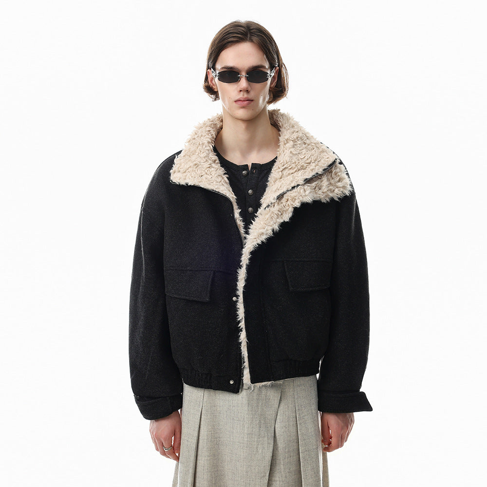 Men's Wool-Blend Sherpa-Lined Stand Collar Bomber Jacket