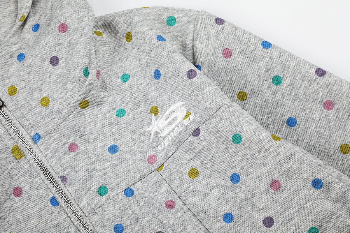 Sweat à capuche zippé pour femme – Sweat court gris à pois multicolores et volants
