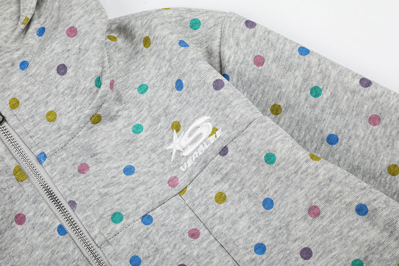 Sweat à capuche zippé pour femme – Sweat court gris à pois multicolores et volants