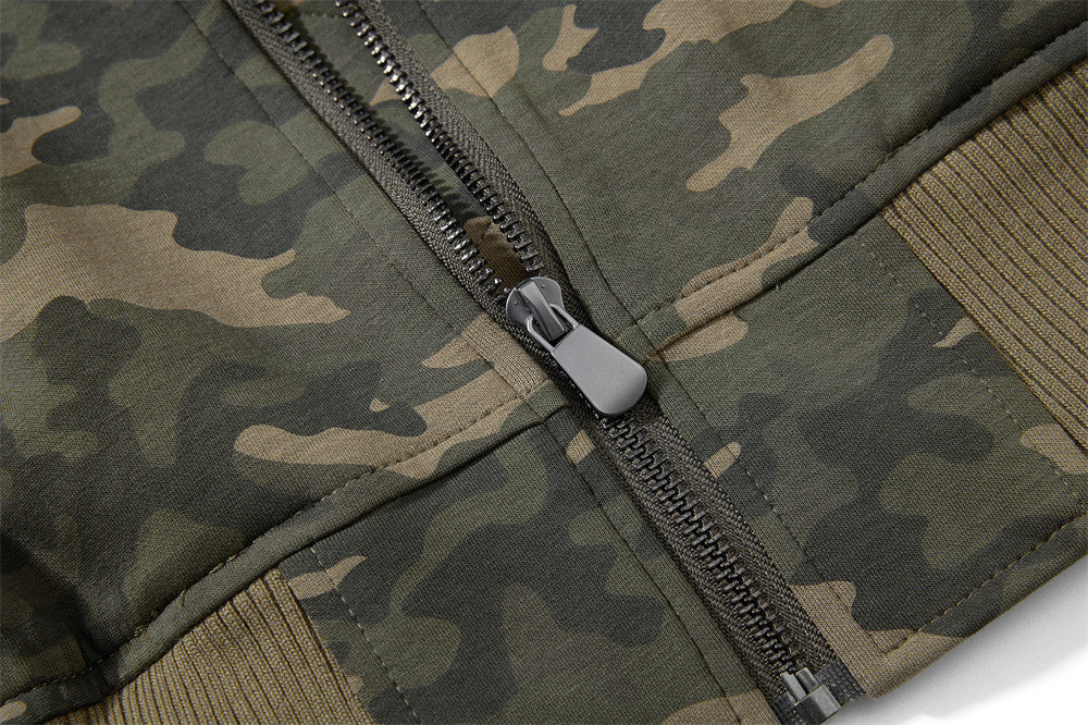 Blouson bomber homme camouflage à capuche, fermeture zippée et manches plissées