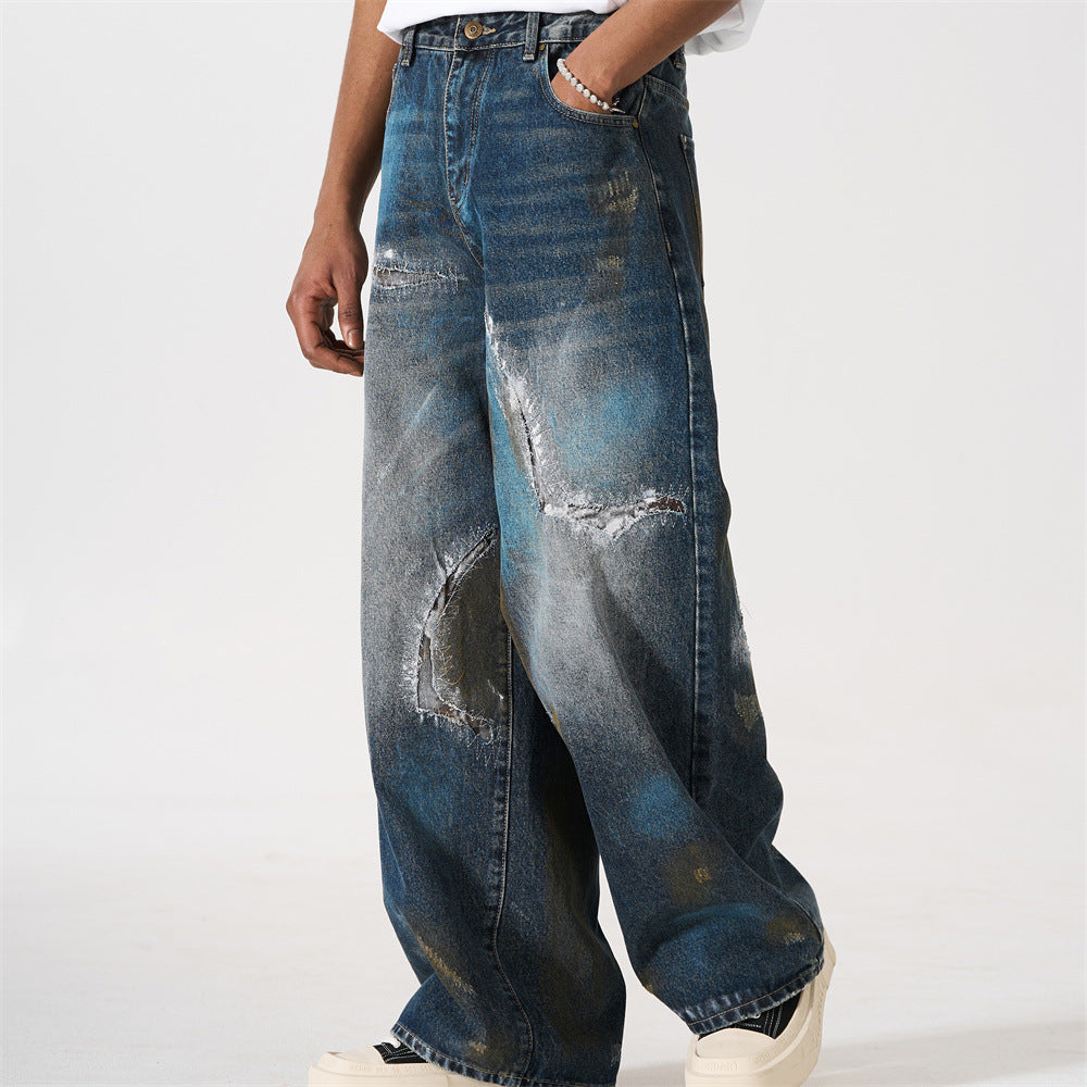Distressed Patch Wide-Leg Jeans – Grunge Punk Washed Denim