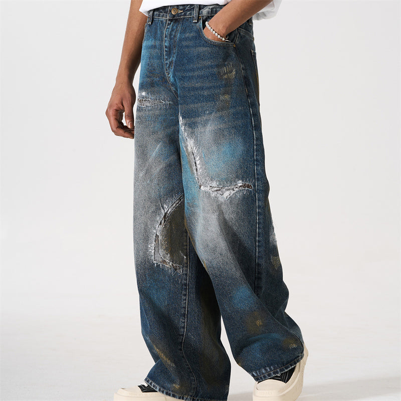 Distressed Patch Wide-Leg Jeans – Grunge Punk Washed Denim