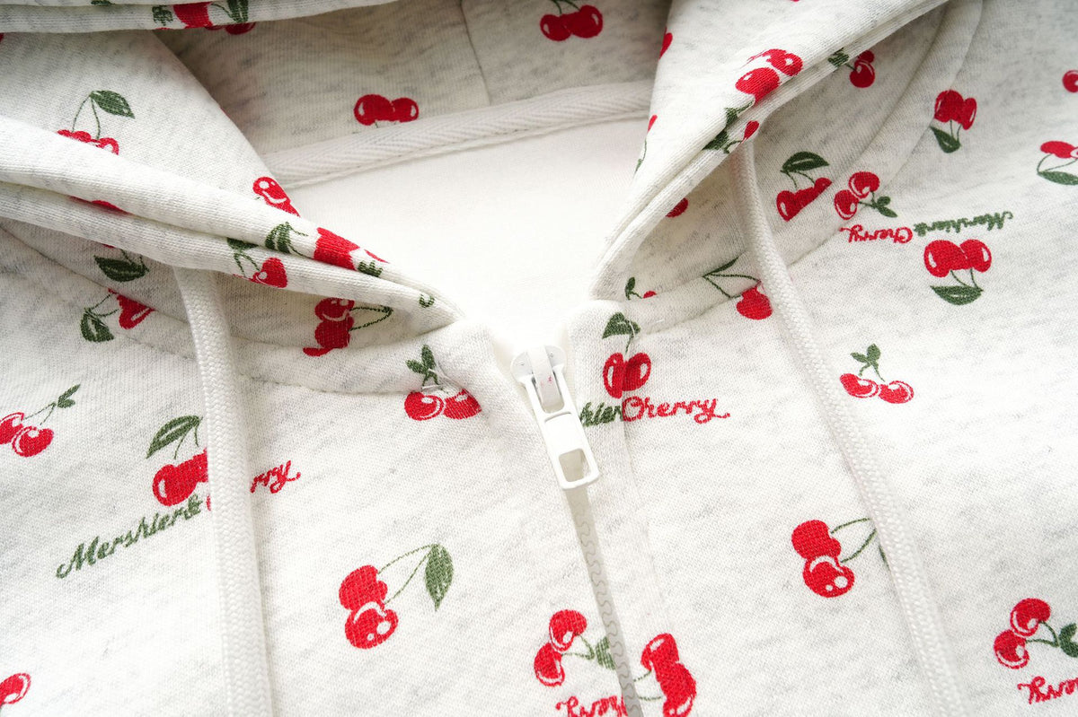 Cherry Print Zip-Up Hoodie & Wide-Leg Sweatpants Set – Heather Grey Floral