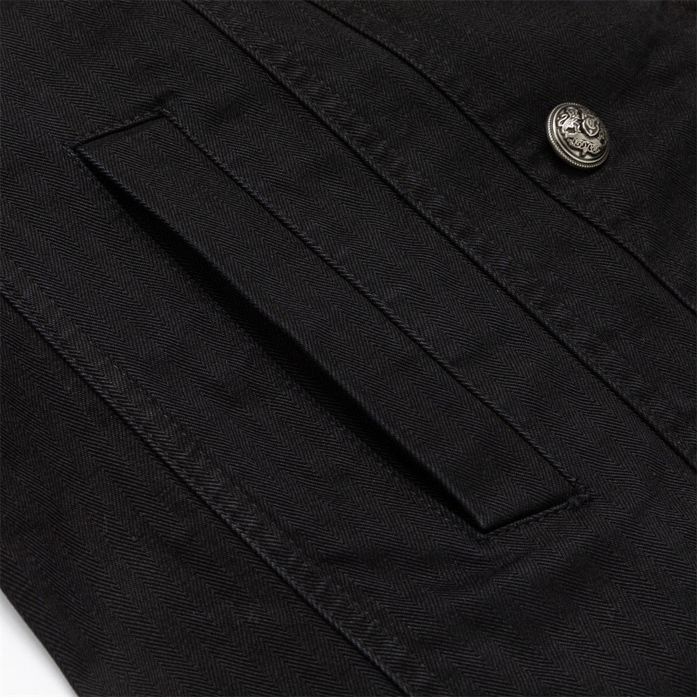 Black Double-Breasted Military Jacket – Stand Collar Structured Workwear Coat