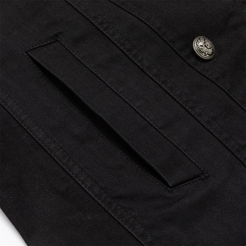 Black Double-Breasted Military Jacket – Stand Collar Structured Workwear Coat