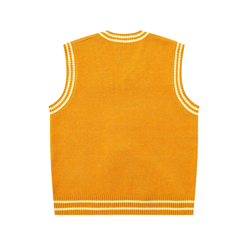 Cartoon Dog Knit Sweater Vest V-Neck Collegiate Stripe Sleeveless Pullover