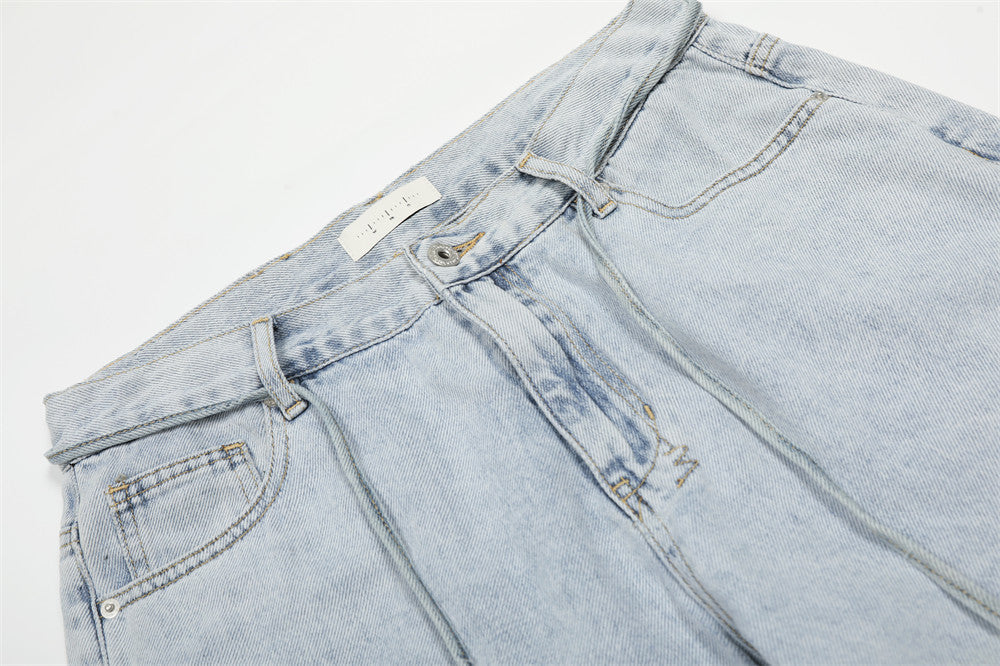 Wide-Leg Distressed Jeans – Light Blue Acid-Washed Straight-Cut Denim with