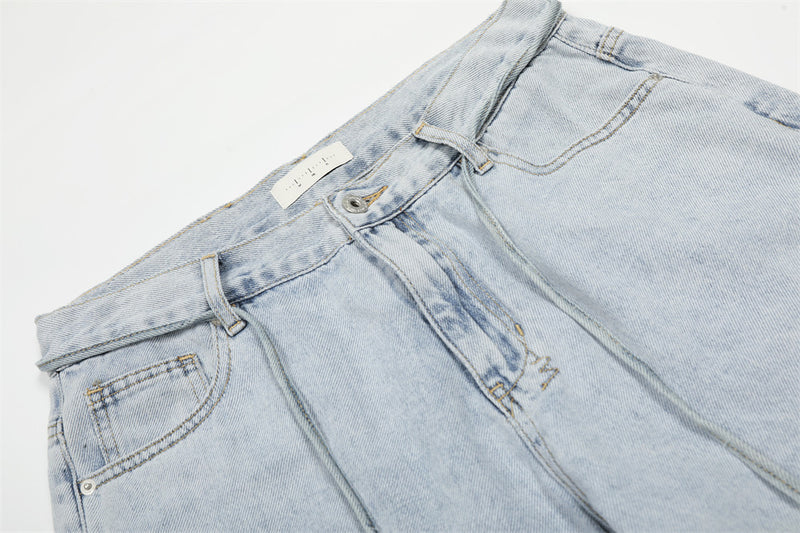 Wide-Leg Distressed Jeans – Light Blue Acid-Washed Straight-Cut Denim with