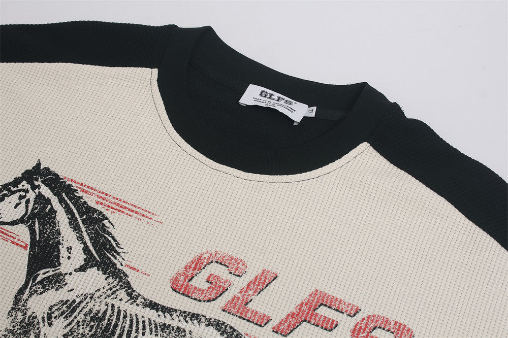 Racing Horse Graphic Long Sleeve Waffle Shirt – Colorblock Motorsport Print Top