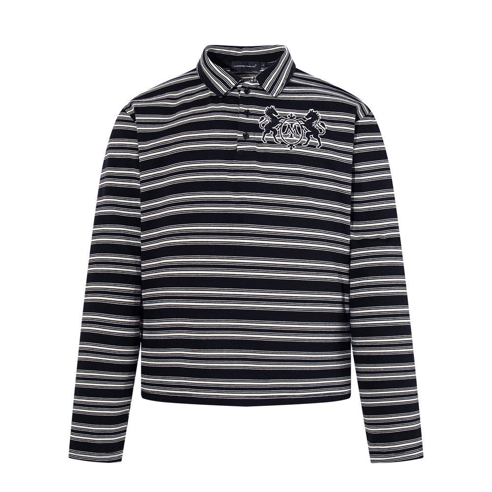 Men's navy and white striped long-sleeve polo shirt with detachable faux-fur collar and heraldic crest embroidery at chest
