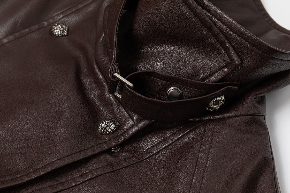 Vintage Double-Breasted Moto Leather Padded Jacket with Belt