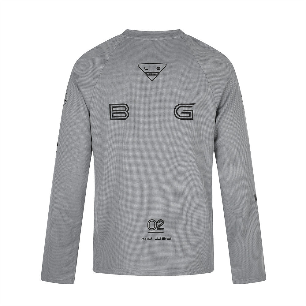 Gray long sleeve crew neck shirt back with B and G logo prints and O2 detail