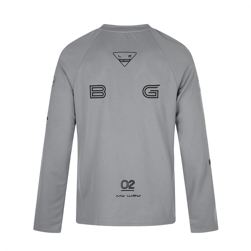 Gray long sleeve crew neck shirt back with B and G logo prints and O2 detail