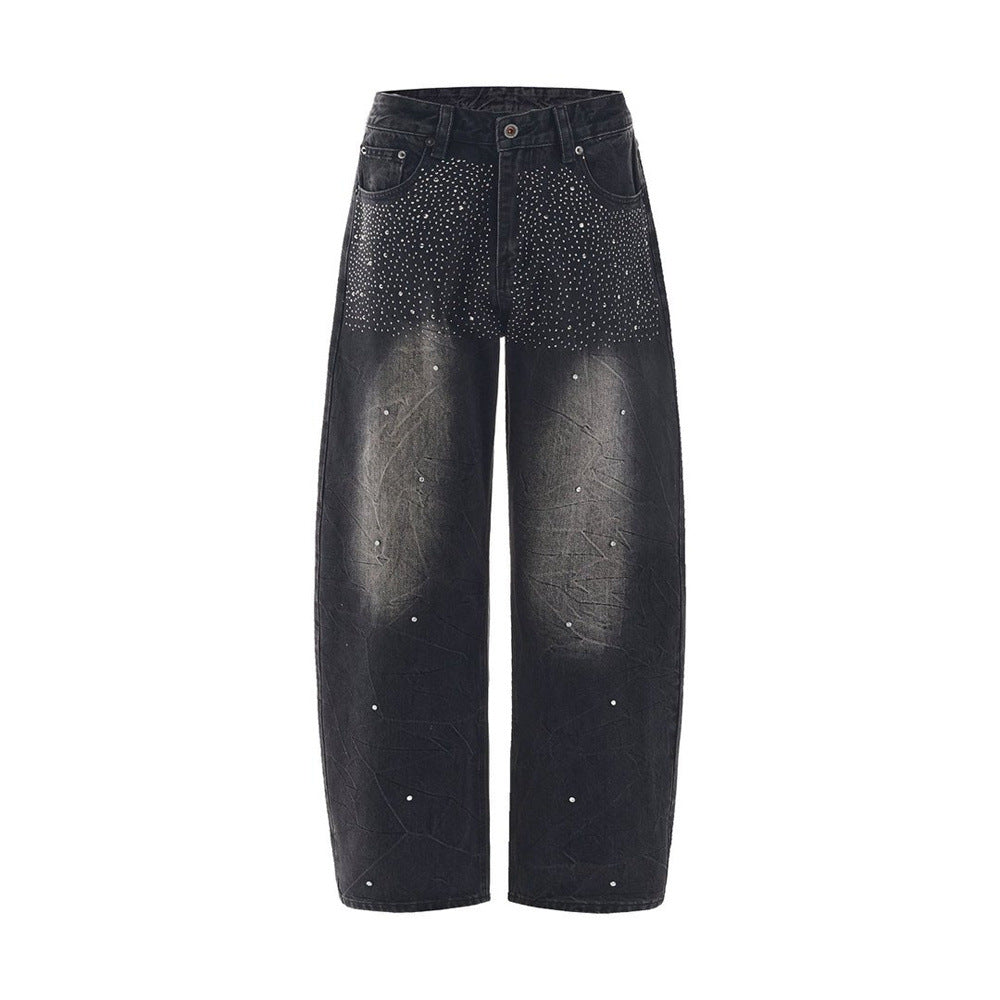 Men's Wide-Leg Baggy Jeans – Washed Black Rhinestone Embellished Denim