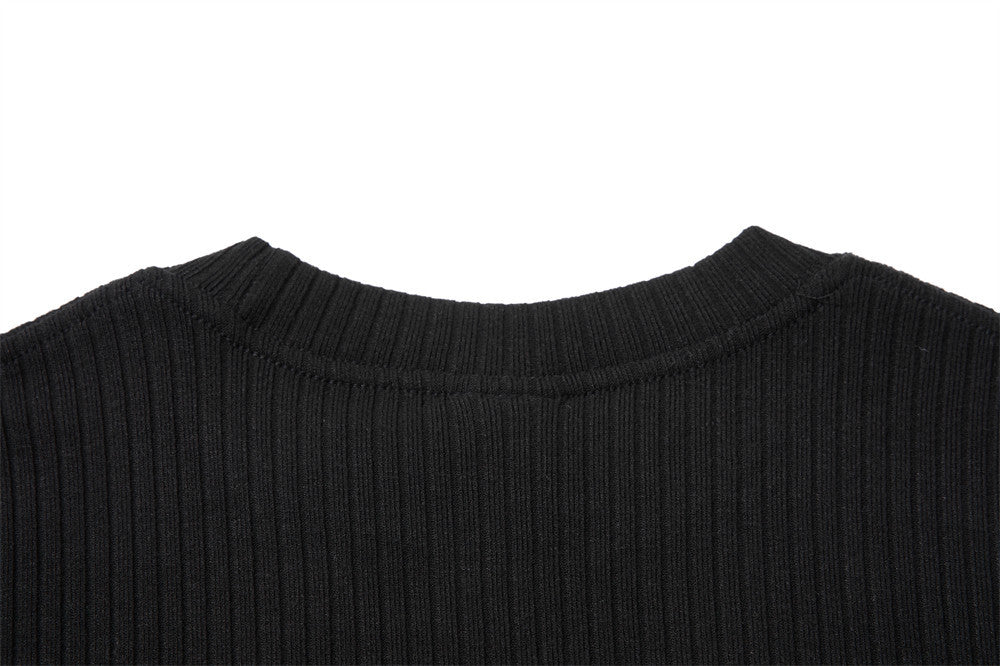 Men's Black Ribbed Long-Sleeve Sweatshirt with Distressed American Flag Graphic