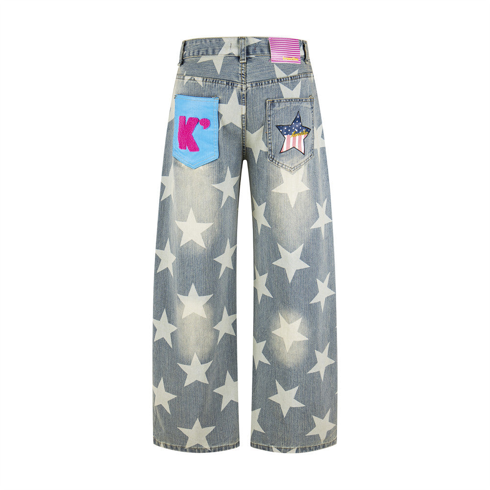 All-over white star print wide leg jeans in vintage washed blue denim with colorblock patch pockets and embroidered logo deta