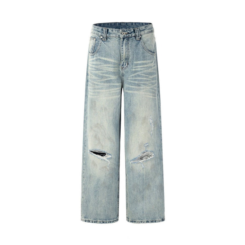Wide-Leg Distressed Jeans – Light Wash Vintage Ripped Straight Denim