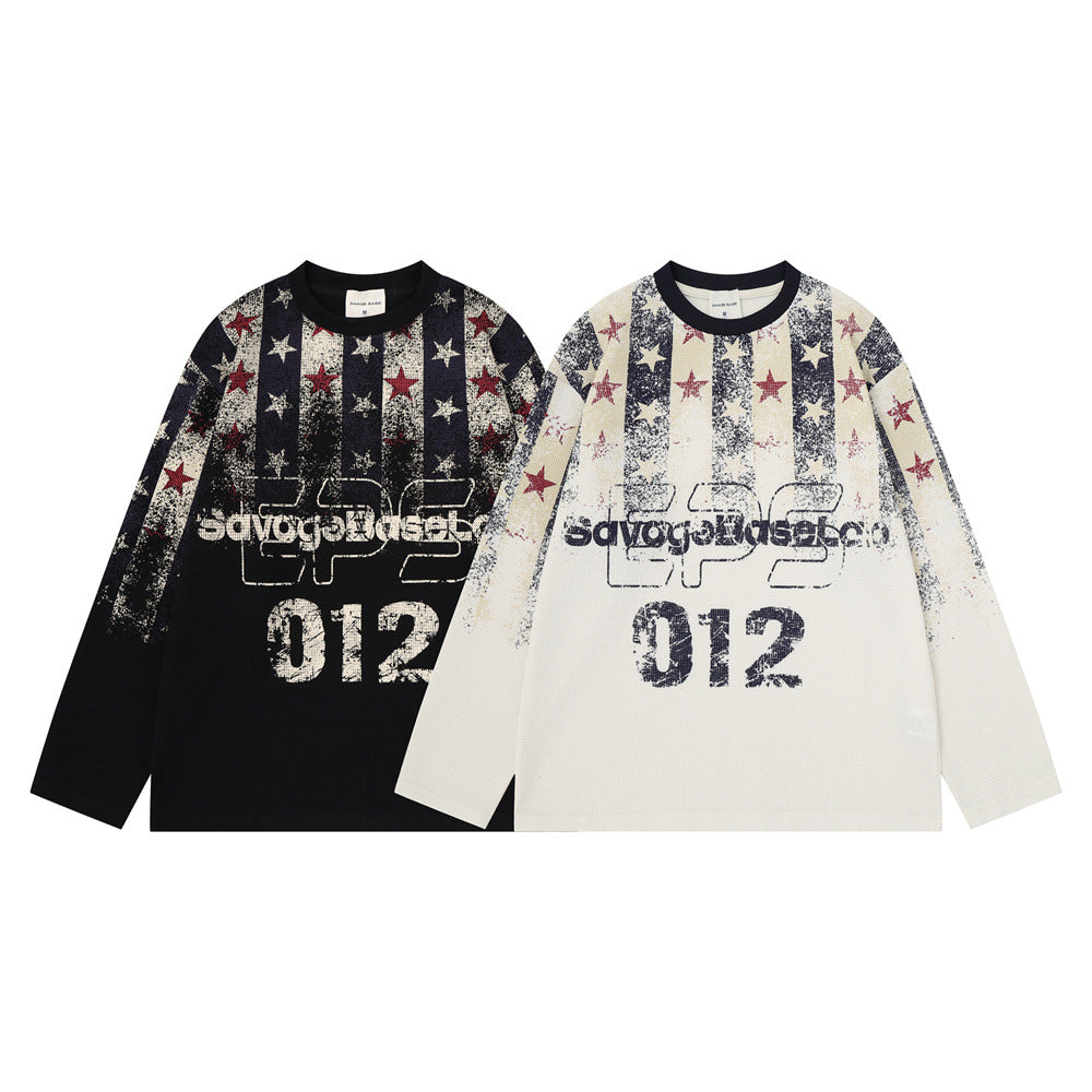 Long Sleeve Waffle-Knit Graphic Tee – Distressed Star & Stripe Print, Oversized