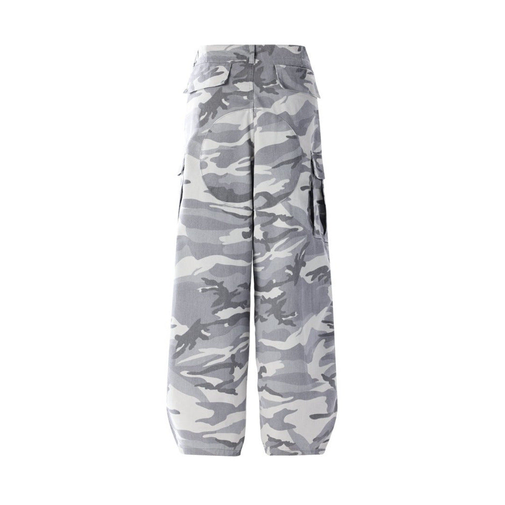 Mens Baggy Cargo Jeans Wide Leg White Camo Pants
