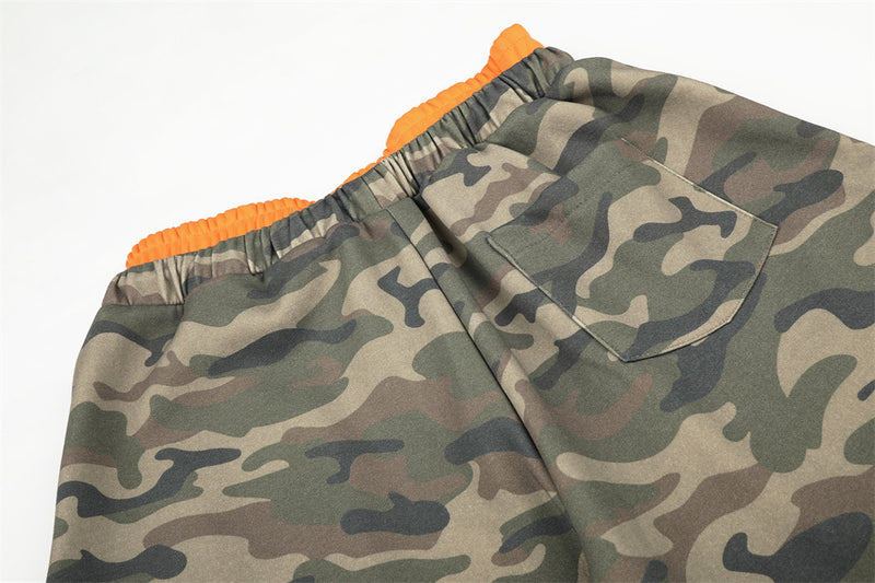 Camo Wide-Leg Sweatpants with Colorblock Orange Waistband and Patches