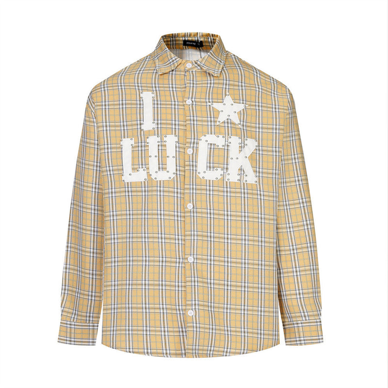 Men's plaid long sleeve button-up shirt with LUCK star PU letter patch on chest in yellow colorway