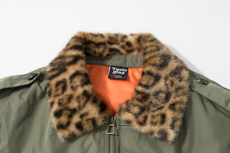 Military Bomber Jacket with Leopard Faux Fur Collar & Double-Breasted Button