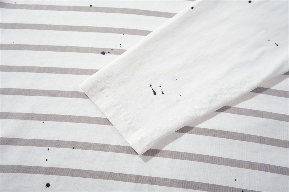 Oversized T-Shirt Men Striped Long Sleeve Paint-Splatter Script Logo Tee