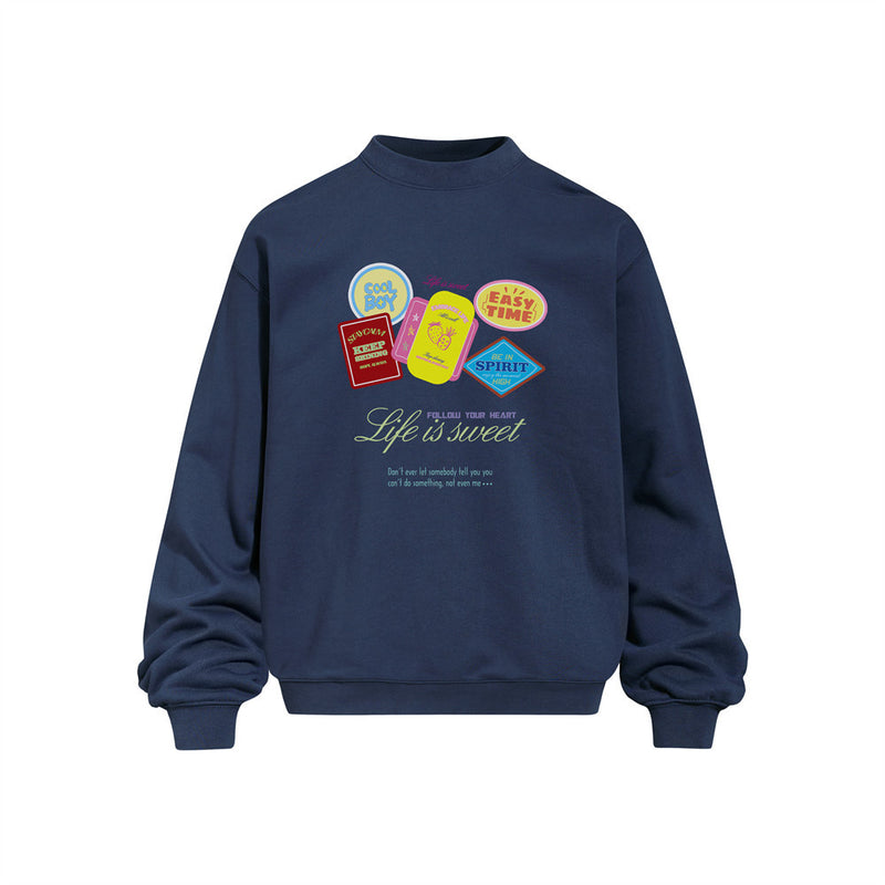 Oversized Graphic Crewneck Sweatshirt – Life Is Sweet Sticker Print