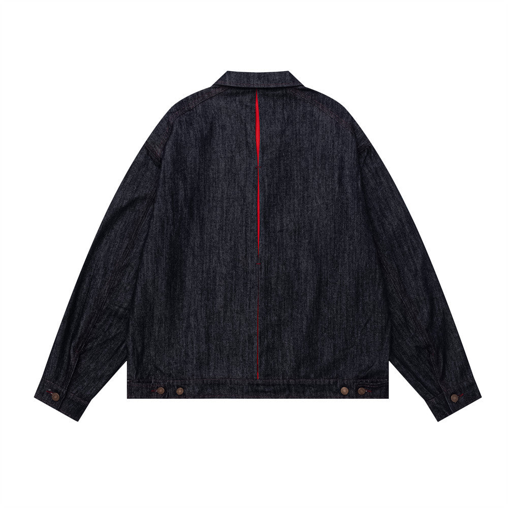 Men's Dark Indigo Denim Jacket with Red Contrast Seam Detail