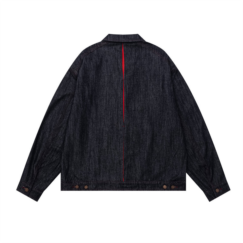 Men's Dark Indigo Denim Jacket with Red Contrast Seam Detail