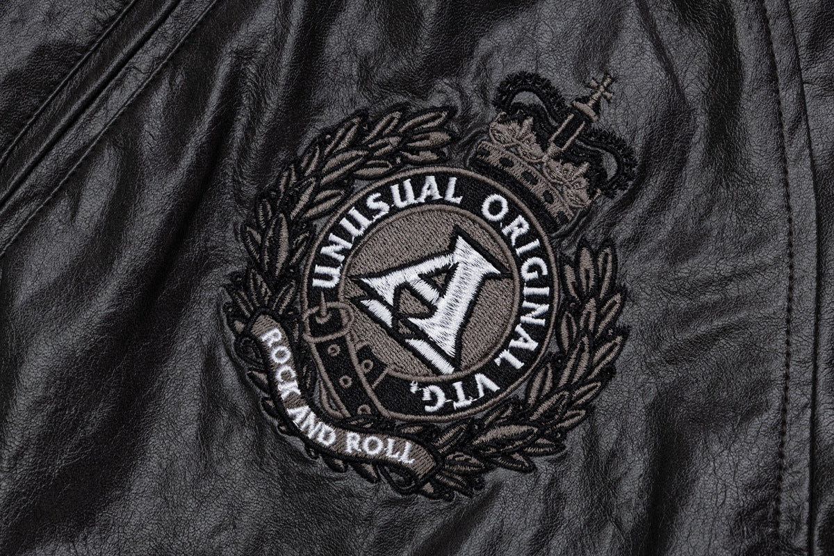 Blouson bomber en similicuir PU brodé – Style vintage racing et flight américain