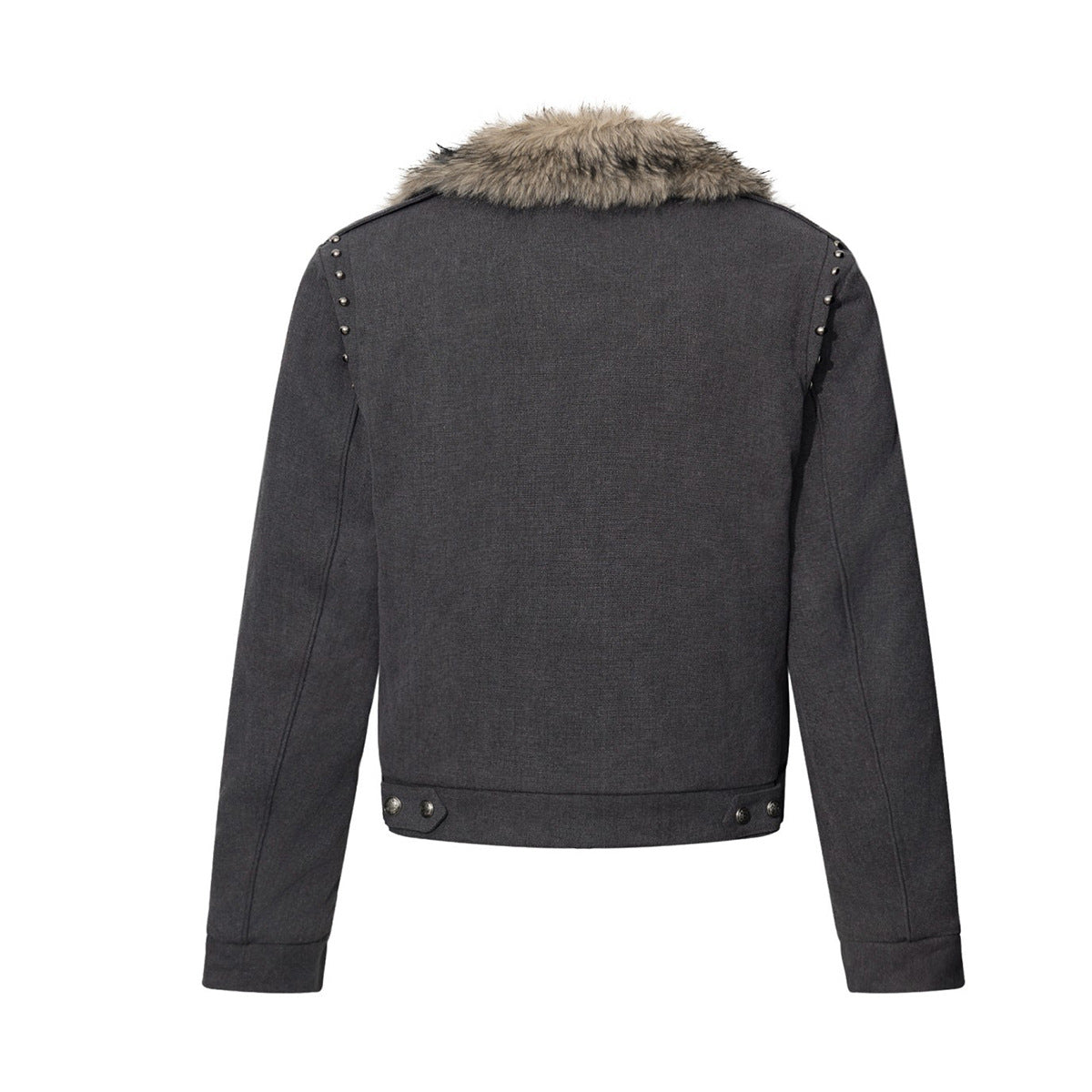 Men's Faux Fur Collar Studded Bomber Jacket – Charcoal Winter Coat