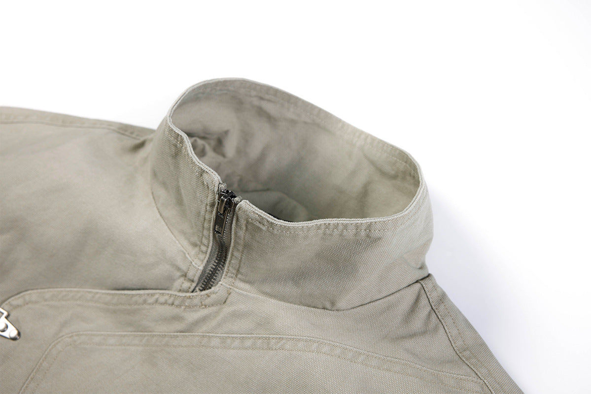 Metal Clasp Bomber Jacket – Washed Cotton Flight Jacket with Diagonal Buckle