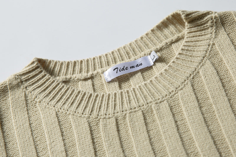 Ribbed Knit Crewneck Sweater — Oversized Fit, Solid Color
