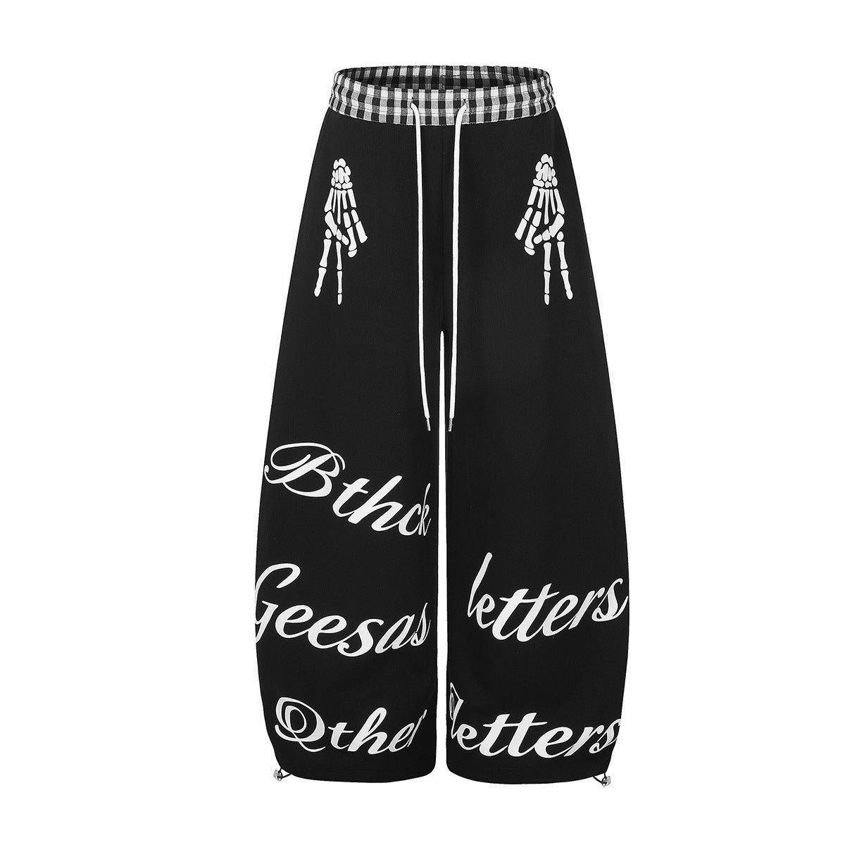 Pantalon de survêtement noir à jambes larges, imprimé mains de squelette et lettrage cursif, avec ceinture élastique vichy