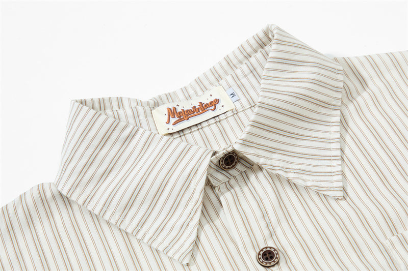 Striped Short Sleeve Shirt – Japanese Loose Fit with Necktie Detail