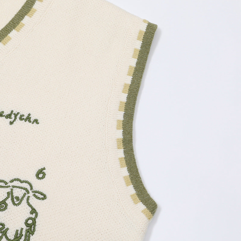 V-Neck Knit Sweater Vest with Sheep Jacquard Graphic — Retro College Style
