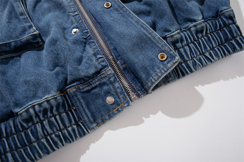 Veste bomber cargo oversize en denim pour homme – Col montant, grandes poches plaquées