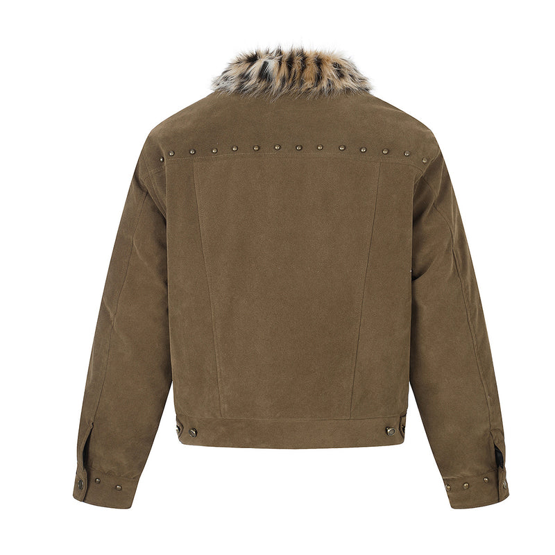 Faux Fur Collar Suede Jacket with Leopard Trim & Studs