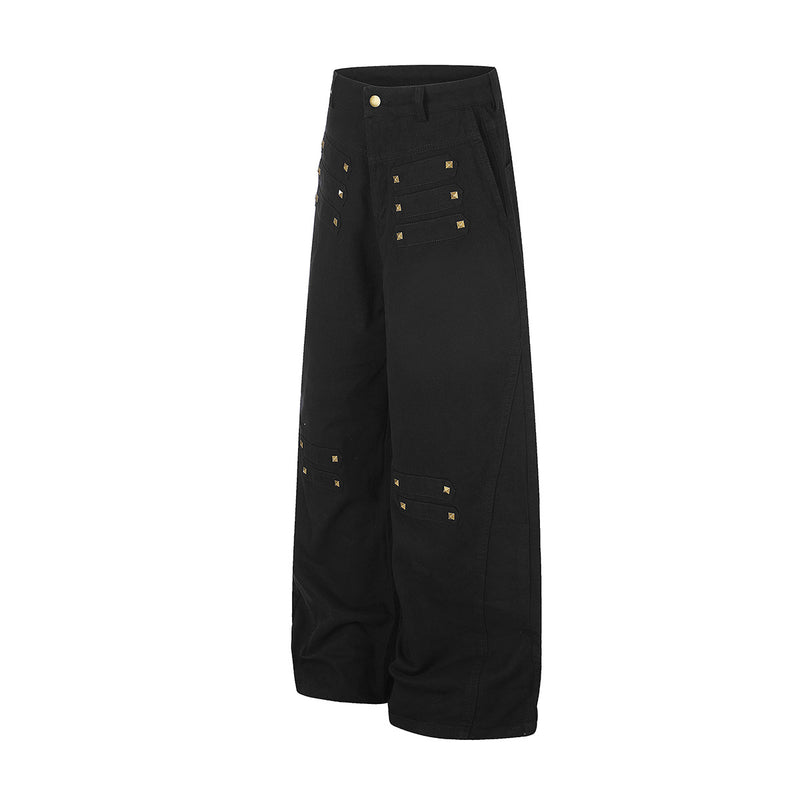 Wide-Leg Studded Denim Pants – Relaxed Fit Vintage American Street Style