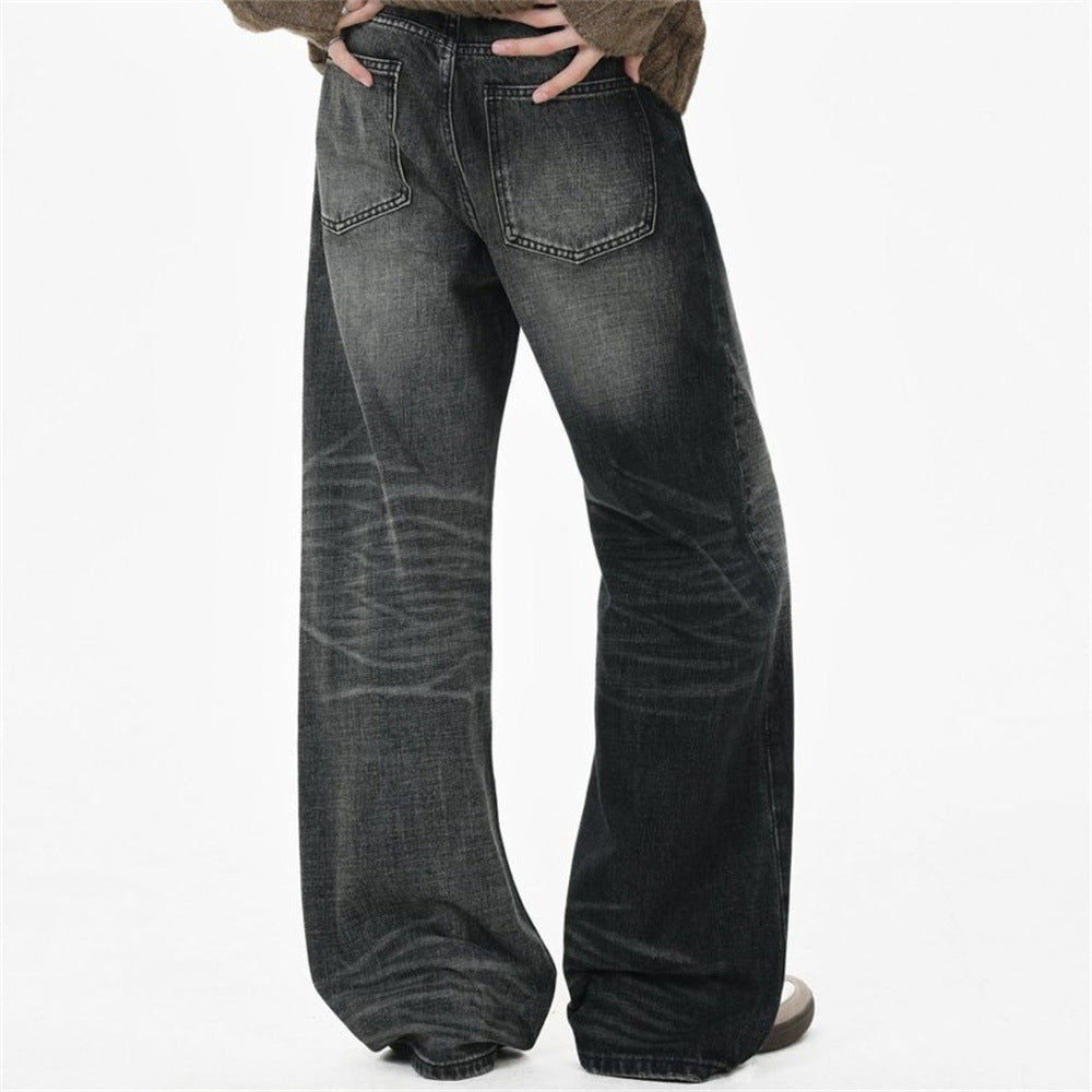 Wide-Leg Baggy Jeans – Washed Black Grey Vintage Straight-Cut Denim