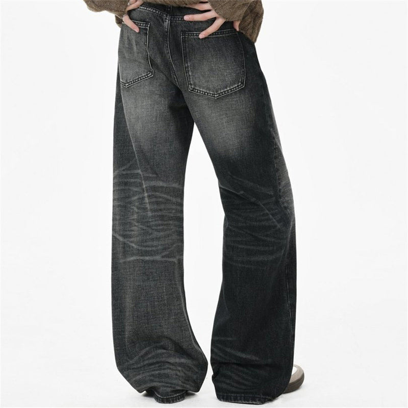 Wide-Leg Baggy Jeans – Washed Black Grey Vintage Straight-Cut Denim