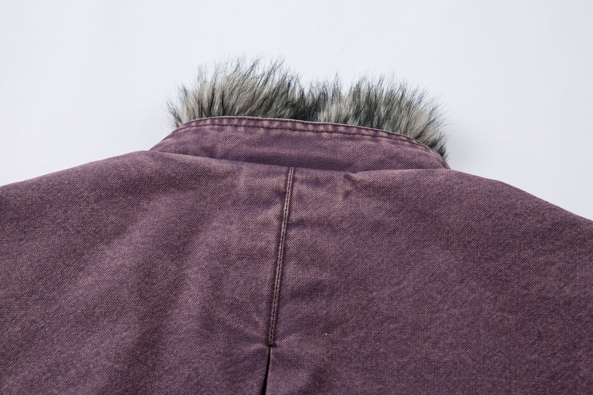 Washed Denim Bomber Jacket with Faux Fur Collar & Fleece Lining – Vintage