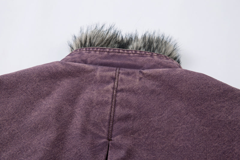 Washed Denim Bomber Jacket with Faux Fur Collar & Fleece Lining – Vintage